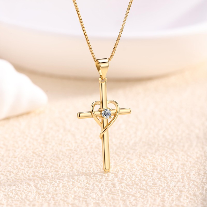 Eesphy Cross Heart Necklace, 18K Gold Plated Crystal Pendant for
