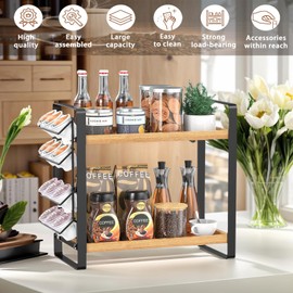 LEMIKKLE Coffee Station Organizer for Counter,Condiment Storage Caddy for Kitchen,2 Tier Wooden Shelf for Coffee Bar Accessories,Coffee Bar Organizer for Kitchen, Home, Office-Brown