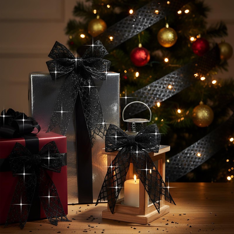 Geosar 20 Yards Black Glitter Mesh Wired Ribbon 2.5 Inch