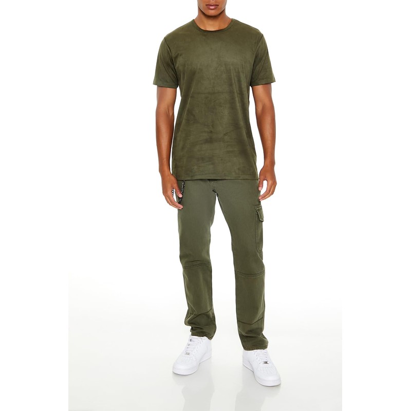 Forever 21 Men's Velour Curved-Hem Tee, Olive, Medium