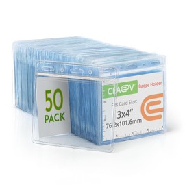 Claev - Horizontal Card Protector - Clear, 4x3 Inch, 50 Pack - Large Clear Waterproof Plastic ID Name Badge Holders for Conferences, Conventions, Offices & Schools