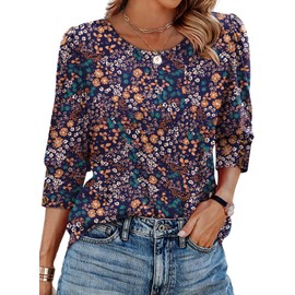 Oversized Tshirts for Women Business Casual Outfits 3/4 Length Sleeve Womens Tops Spring Summer Plus Size Clothes Floral Orange 2XL