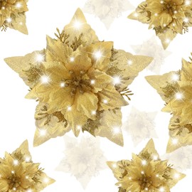 STOBOK Christmas Glitter Poinsettia Artificial Flowers: Pack of 12 Golden Christmas Tree Wreath Garlands Flower Ornaments with Clips and Stems for Christmas Wedding New Year Holiday Party