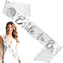 Disco Bride Sash - Silver Disco Ball Bride To Be BRIDAL GRADE White Satin Sash - Last Disco Bachelorette Party Decorations - White Sash(DiscoB2B) SLV/Wht