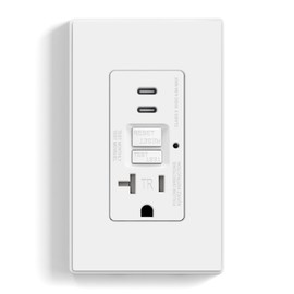 ELEGRP GFCI Outlet with USB Ports, 20 Amp Self-Test GFCI Combination with Dual USB C Ports, 24W Max Total Output, Tamper Resistant GFCI USB Outlet with Wall Plate, UL Listed, Matte White, 1 Pack