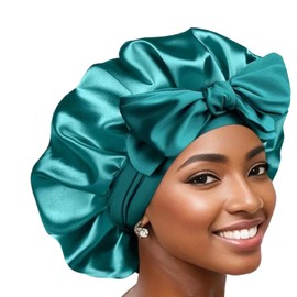 Boolavard Seidenhaube zum Schlafen, Satinhaube für Frauen, doppellagige Haarhaube mit Satinfutter und Bindeband, lockiges Haar (Blaugrün, Einheitsgröße)