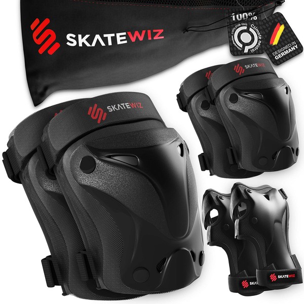SKATEWIZ Elbow Pads Knee Pads for Women - Knee and Elbow Pads Adult - PROTECT-1 - Size L in Black - Skateboard Pads Skate Pads Adult - Knee Pads for Skating - Skating Protective Gear Adult