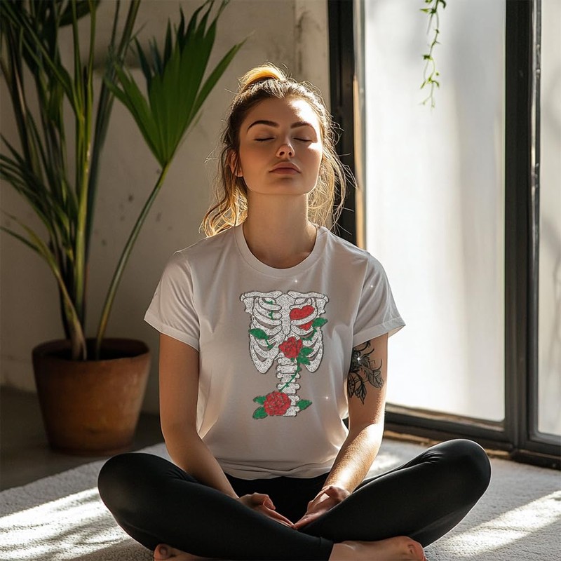 ANATTASOUL White Iron on Rhinestone Transfers Ribs and Flower Glitter