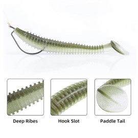 RUNCL ProBite Paddle Tail Swimbaits Green Shiner, Soft Fishing Lures - Natural Oils, Ribbed Design, Paddle Tail, Hook Slot, Proven Colors - Bass Fishing Lures Baits 01 (5in, Pack of 10)