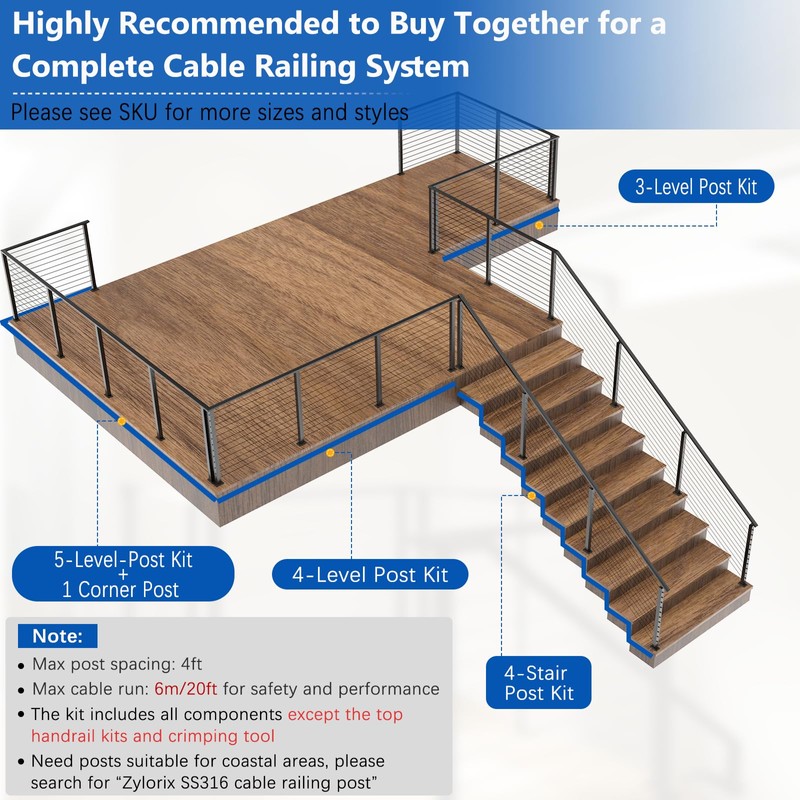 Zylorix 42" Cable Railing Post T304 Stainless Steel Angled Drilled