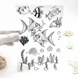 Seagrass Coral Sea Fish Pattern Clear Stamps Ocean Fish Transparent Seal Stamps for Holiday Card Making Decoration and DIY Scrapbooking Album DIY Crafts