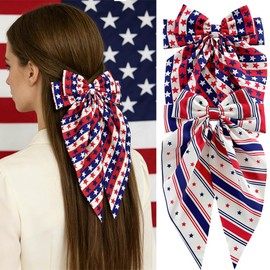 2 Packs Independence Day Hair Bow Clips 4th of July Large Ribbon Bow Hair Clips Silky Satin Bowknot Hair Barrette Red White Blue USA Star Stripe Designs Long Tails Hairpins for Women Hair Decoration