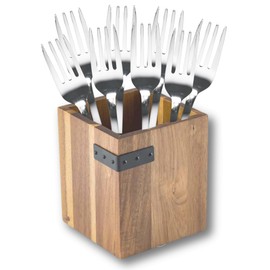 Tablecraft Industrial Collection Cutlery Holder, Acacia with Metal Banding, 5.25x5.25x6, 5.25 x 5.25 x 6