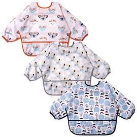 3 Pcs Long Sleeved Bib Set | Baby Waterproof Bibs with Pocket Bundle| Toddler Bib with Sleeves and Crumb Catcher |Stain and Odor Resistance Play Smock Apron - Pack of 3 | 6-24 Months