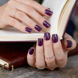 LINSSQ Glossy Dark Purple Press on Nails,Short Squoval False Nails,Beauty Solid Color Manicure Reusable UV Gel Fake Finger Nail Art for Daily Office Party 24pcs