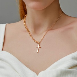 Yienate Simple Cross Necklace Asymmetric Chain Cross Pendant Necklace Paperclip Fashion Jewelry for Women and Girls (Silver)