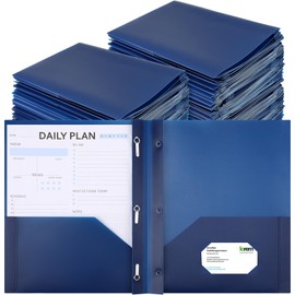 Cholemy 72 Packs Pocket Folders with Prongs Heavy Duty Plastic Folder with Business Card Slot 3 Prong Fasteners for School Office(Navy Blue)
