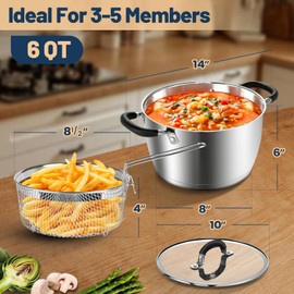 AOSION 6 Quart Stainless Steel Stock Pot with Lid, Deep Fryer Basket for Kitchen Colander Frying Cooking Steaming, 6QT Large Stock Pot for Cooking, Induction Ready, Compatible with All Stoves