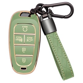 Kespevn for Hyundai Key Fob Cover 5 Button Soft TPU with Leather Keychain 360 Degree Protection Car Key Case Shell Holder Fits for 2023 2022 2021 2020 Hyundai Sonata Santa fe Tucson, A Green