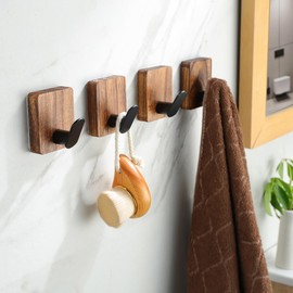DELITON Towel Hooks for Bathrooms, 4 Pack Adhesive Wood Hooks for Hanging Robes, Towels, Coat, Key, Decorative Wall Utility Hook Heavy Duty