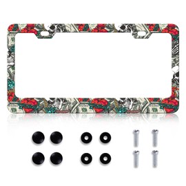 LIN KANG Skull License Plate Frame Cool Money Heart Skulls License Plate Holder Stainless Steel Auto Parts Rust-Proof Waterproof Car Decorative Tag Frame for Standard US 12x6 Inch