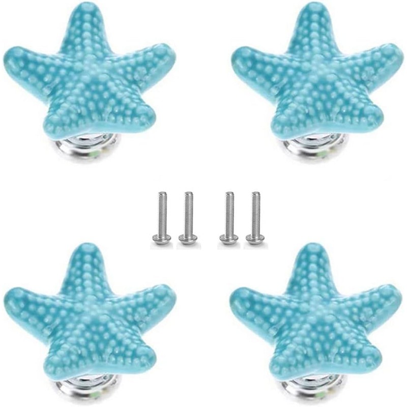 Seaside Themed Starfish Drawer Knobs Set of 4, 3.4cm Blue