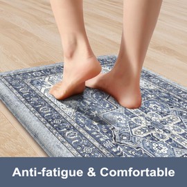 KIMODE Anti Fatigue Kitchen Mat, Cushioned Kitchen Mats for Floor 2 Piece, Boho Vintage Kitchen Rugs, Comfort Foam Standing Desk Mat for Laundry, Office, Sink Navy Blue 17"x47"+17"x29"