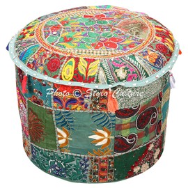 Stylo Culture Pouffe Seat Bean Bag Ottoman Pouffe Cover Dark Green Ethnic Embroidered Patchwork Cotton Traditional Round Fabric Pouf Ottoman Cover (18x18x13 Inch) 45cm