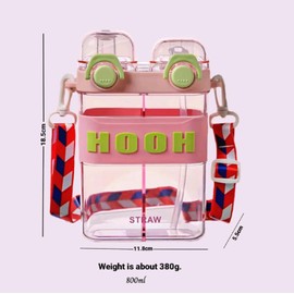 Water Bottle, 800Ml Kids Water Bottle with Straw, Double Side 2in1 Protable Plastic Water Bottle with Straw, Portable Leakproof Water Bottle with Strap & Stickers Include (Pink)