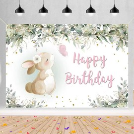 Birthday Decoration for Girls, Birthday Banner Bunny Birthday Fabric Sign Poster, Happy Birthday Background Banner Girl 1st 2nd 3rd 4th 5th Birthday Party Decoration