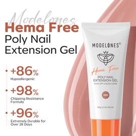 modelones Poly Nail Gel, Hema-Free 60ML Natural Nude Poly Extension Gel Nail Enhancement Thickening All Seasons Neutral Skin Tones Builder Overlays Home DIY Salon