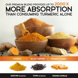 Curcumina de cúrcuma con BioPerine 95% curcuminoides 2600mg con pimienta negra para una mejor absorción, fabricada en Estados Unidos, potente soporte 