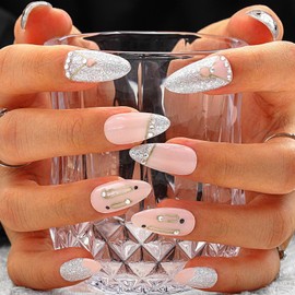 Sethexy Pink Rhinestone Medium Almond Artificial Nail Sparkle Handmade False Nails Snake Head Natural Shiny Press on the Nail Salon Quality for Women and Girls (1)