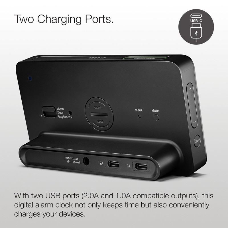Braun Digital Alarm Clock with LCD Display, 2x USB-C ports