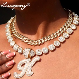 2pcs Cuban Link Silver Initial Necklace - Cursive Hip Hop Iced Out Chain - Bling Diamond 14mm Letter Name Necklace (A, Gold)