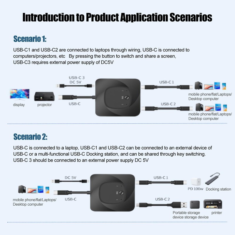 USB C Switch, 2 in 1Output Type C Splitter, One