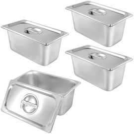 KOHAND 4 Pack 1/3 Size Anti-Jam Hotel Pans, 6 Inch Deep Steam Table Pan with Lid, Catering Storage Metal Food Pan for Home, Restaurant, Buffet