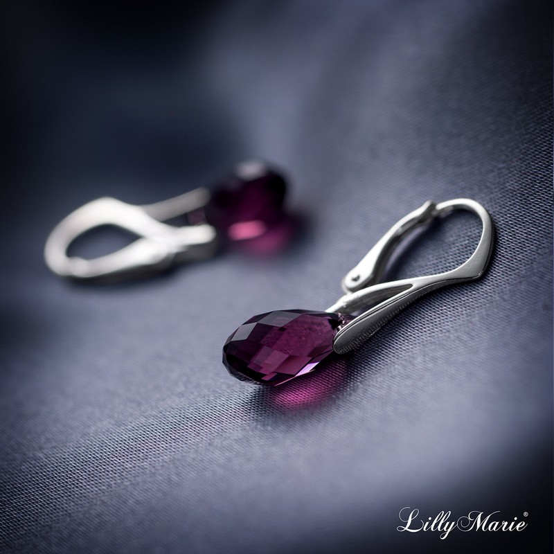 Women's 925 Sterling Silver Drop Earrings with Purple Crystals, Glass,