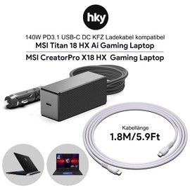 HKY 140W PD3.1 USB-C DC Car Charger for MSI Titan 18 HX AI Gaming Laptop MSI CreatorPro X18 HX Gaming Laptop PC Computer 3.8 Metres