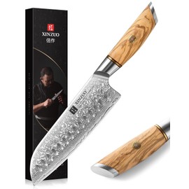 XINZUO Damascus Steel 7 Inch Santoku Knife,Sharp Kitchen Knife 73 Layers Damascus Powder Steel,Professional Slicing Knife Vegetable Cooking Knife-with Ergonomic Olive Wood Handle-Lan Series