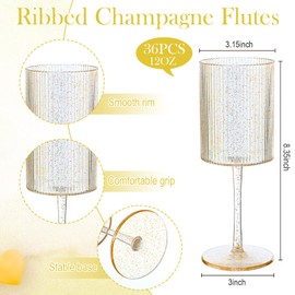 Suclain 36 Pack Plastic Ribbed Wine Glasses Bulk 12oz Gold Glitter Square Disposable Wine Glasses with Stem Vintage Elegant Champagne Cups Toasting for Wedding Party Anniversary Christmas Birthday