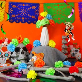 132 Pcs Mexican Dia De Los Muertos Decor Include 100 Pcs Faux Marigold Flower 12 Pcs Dia De Los Muertos Mexican Plastic Banner 20 Pcs Day of the Dead Hanging Swirl Decorations(Assorted Color)