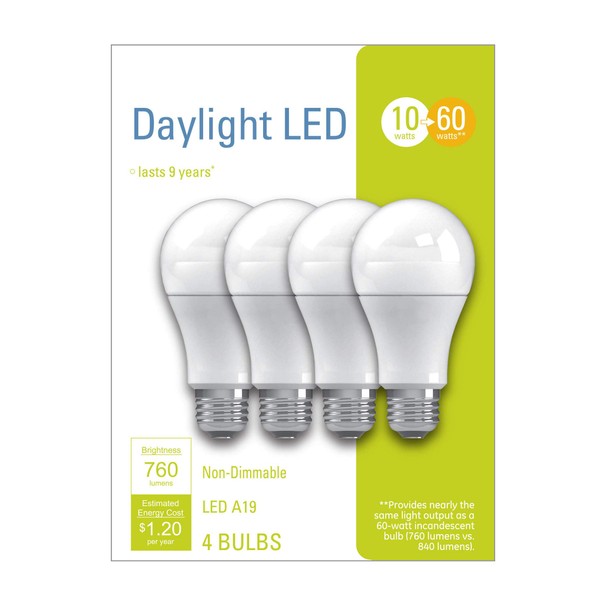 GE Lighting 32589 LED A19 General Purpose 10 (60-Watt-Replacement), 760-Lumen, Medium Base Light Bulb, 4 Count (Pack of 1), Daylight, 4 Piece
