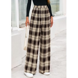 PRETTYGARDEN Casual Women's Pants 2025 Elastic Waist Palazzo Long Stretchy Wide Leg Trousers Knit Fall Outfits with Pockets (Plaid Brown Apricot,Large)