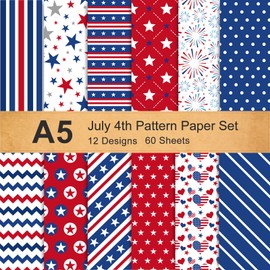 Whaline 12 Designs 4th of July Pattern Paper Set A5 Size Patriotic Stars Stripes Fireworks Craft Paper 60 Sheet Red Blue White Double-Sided Origami Paper for Independence Day Card Making Scrapbook