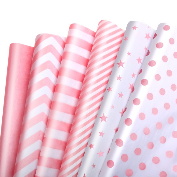 Pink Metallic Tissue Paper Sheets, 120 Sheets Pink Tissue Paper Bulk for Wrapping Gifts, Pink Gift Wrapping Paper for Weddings Birthday Christmas Valentine DIY Crafts, 50CM X 35CM, 6 Design