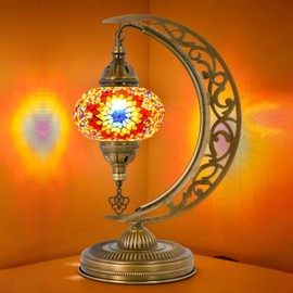 mozaist Turkish Tiffany Style Moon Shape Table Lamp, Moroccan Mosaic Crescent Handcraft Desk Light, Rustic Stained Glass Dining Room, Bedside Colorful Home Decor with E12 Socket & US Plug (Sunflower)