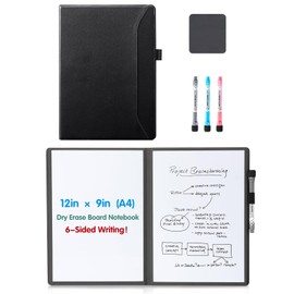 CoBak 6 Sides Portable White Board 12x9 inch (A4) - Notebook Design Dry Erase Small Board with Pocket and 3 Markers, Anti-Ghosting & Anti-Smudge Surface Suit for Office, School, Homeschool (Black)
