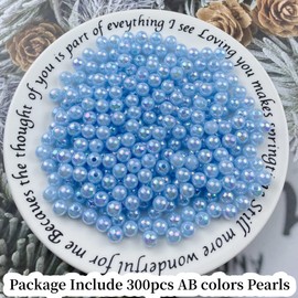 300pcs Pearl Beads for Crafts 8mm AB Colors Round Loose Pearl Beads for Necklaces Bracelets Earrings Jewelry Making Home Decoration(Light Blue AB)