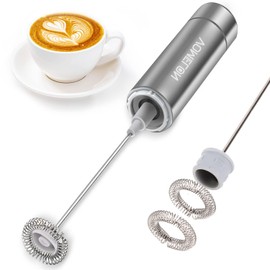 VOMELON Milk Frother, Handheld Battery Operated Frother for Coffee,Portable Drink Mixer with 2 Stainless Steel Whisk Heads, Milk Foamer for Keto Coffee, Latte, Cappuccino, Hot Chocolate, Silver